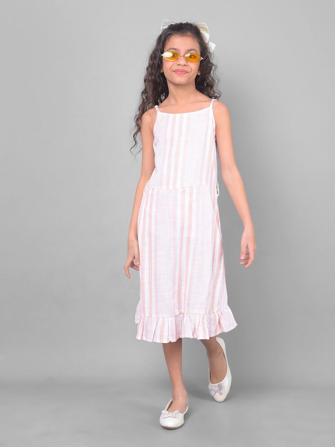 

Crimsoune Club Kids-Girls Striped Round Neck A-Line Mini Dress, Peach