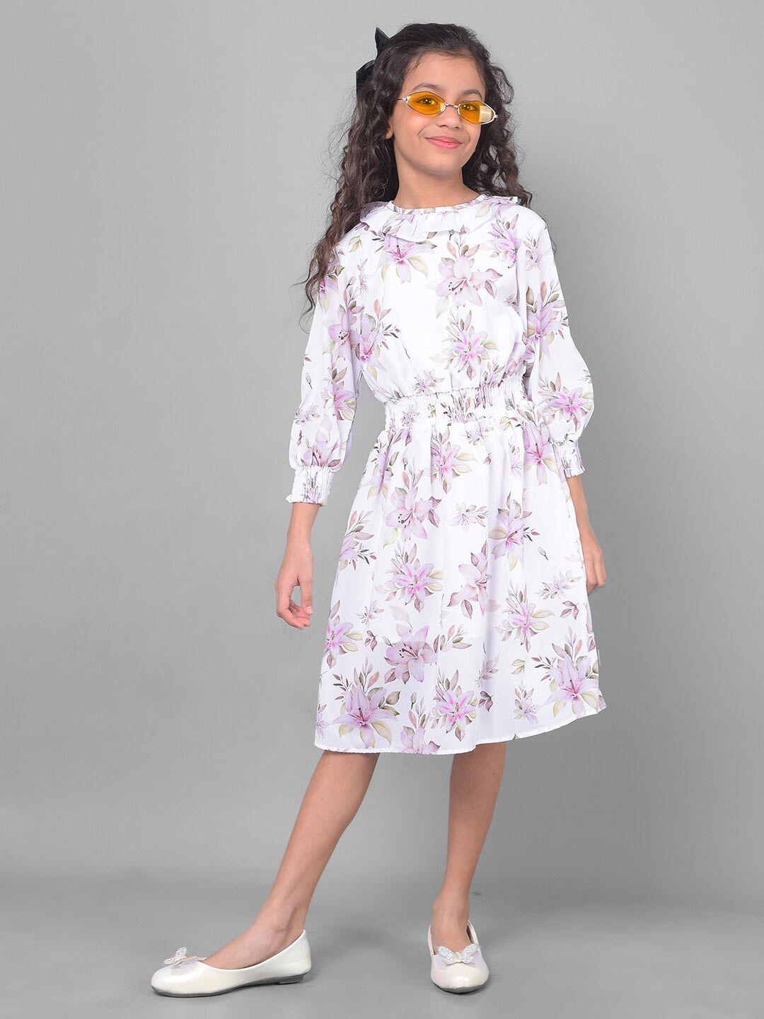 

Crimsoune Club Kids-Girls Floral Print Puff Sleeve Fit & Flare Midi Dress, White