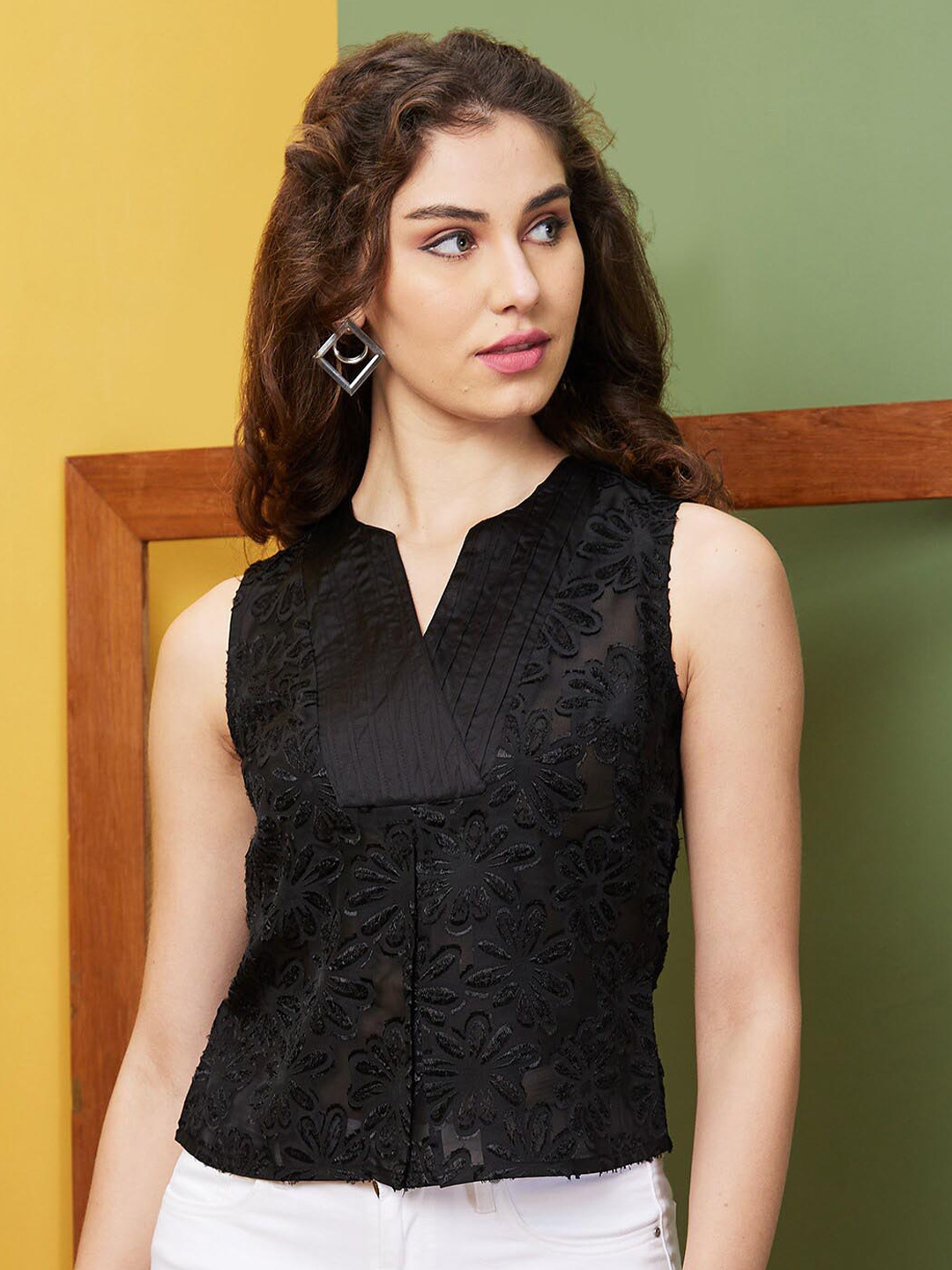 

Globus Women Black Self Design Pleated Detail Party Round Neck Top