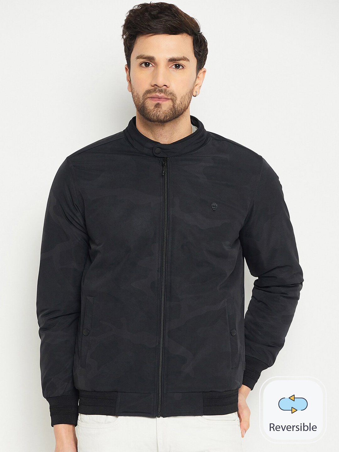 

Okane Camouflage Printed Mock Collar Reversible Bomber Jacket, Black