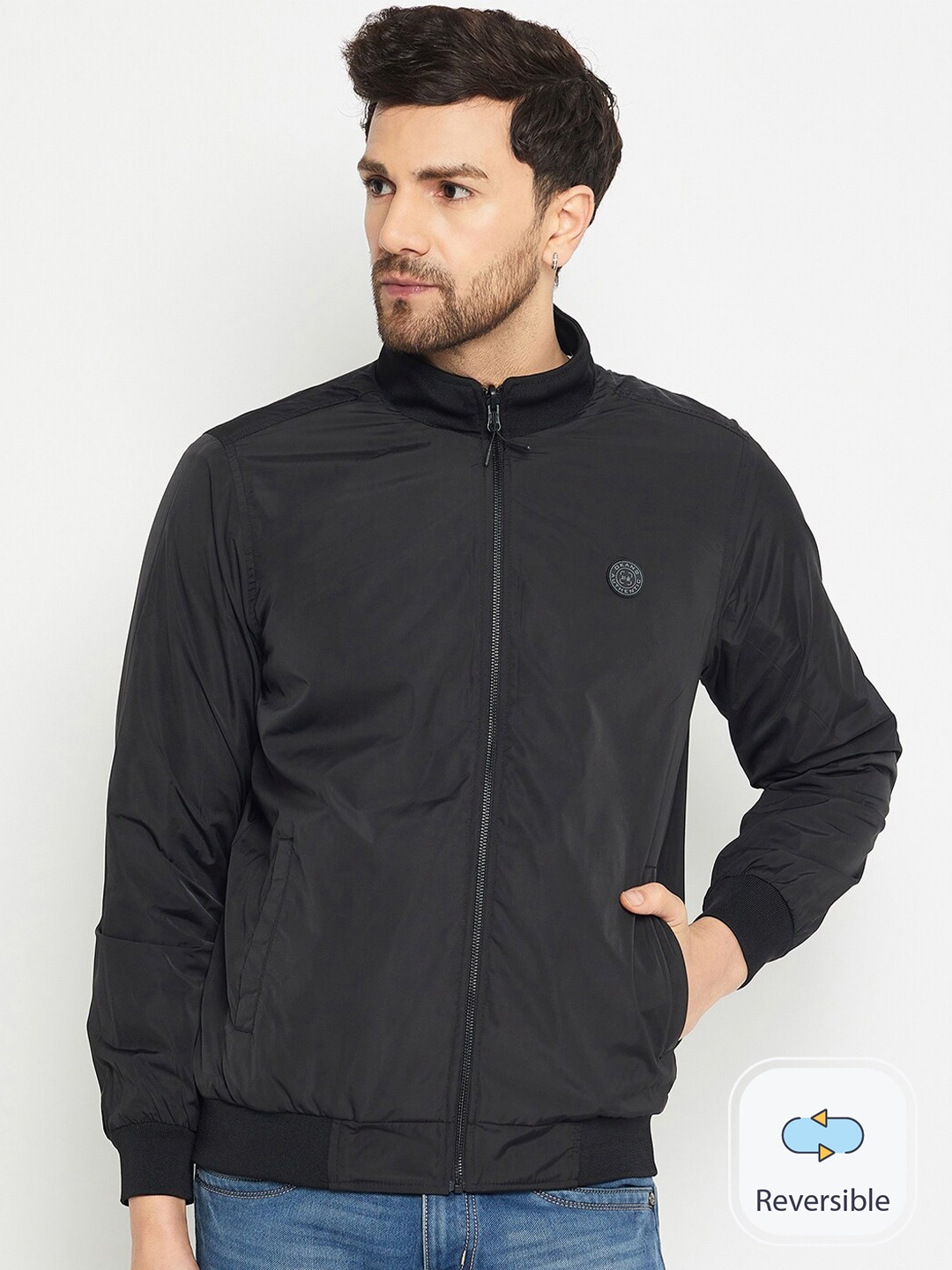

Okane Mock Collar Reversible Bomber Jacket, Black