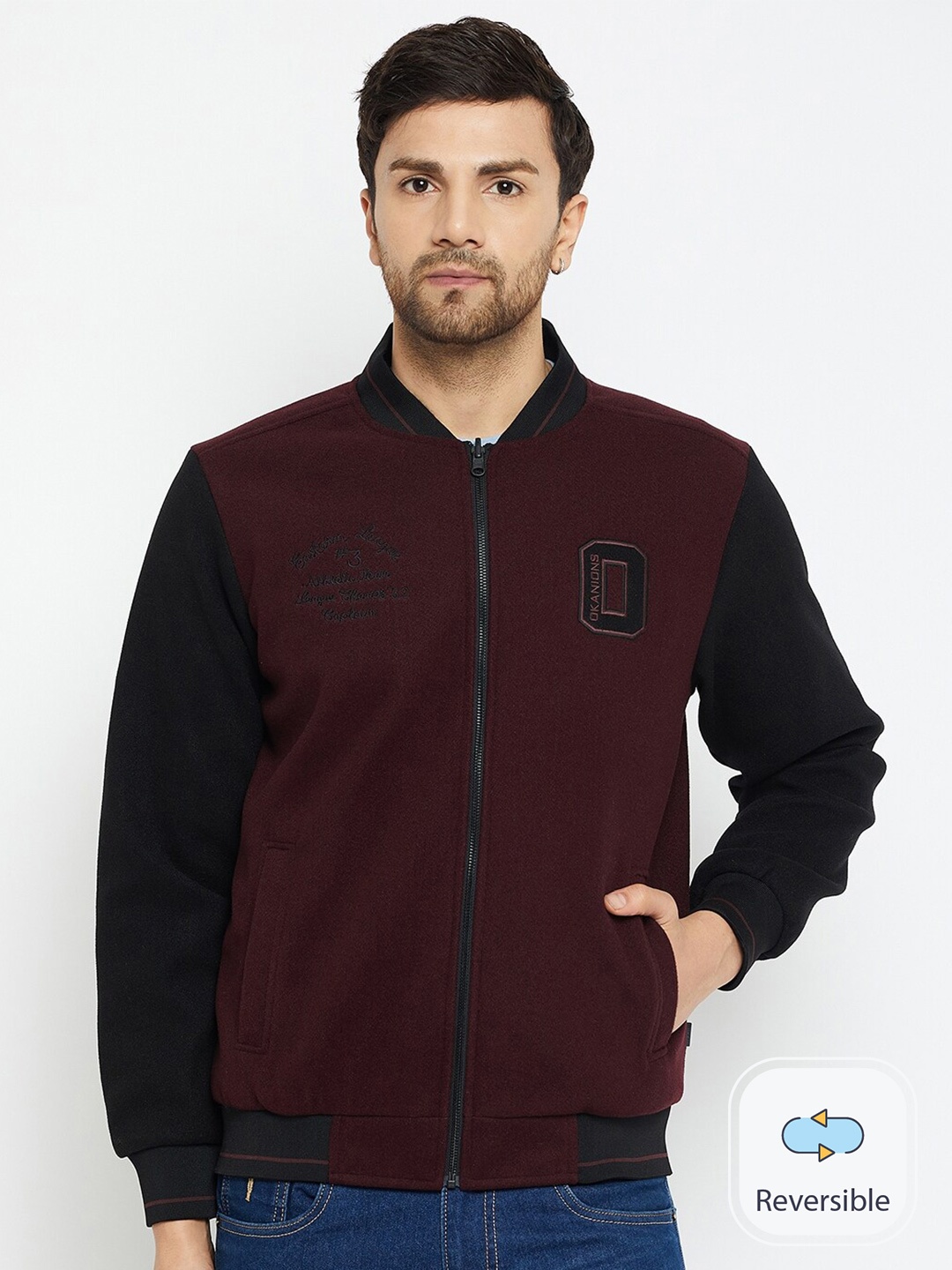 

Okane Colourblocked Stand Collar Reversible Bomber Jacket, Burgundy