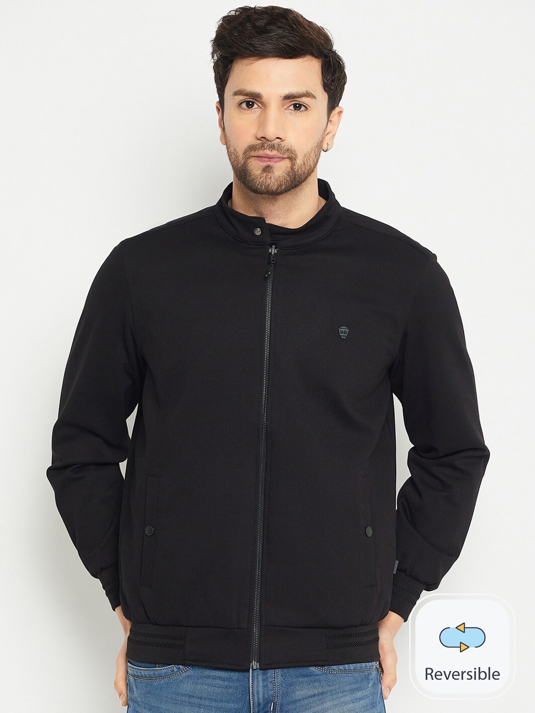

Okane Mock Collar Reversible Bomber Jacket, Black