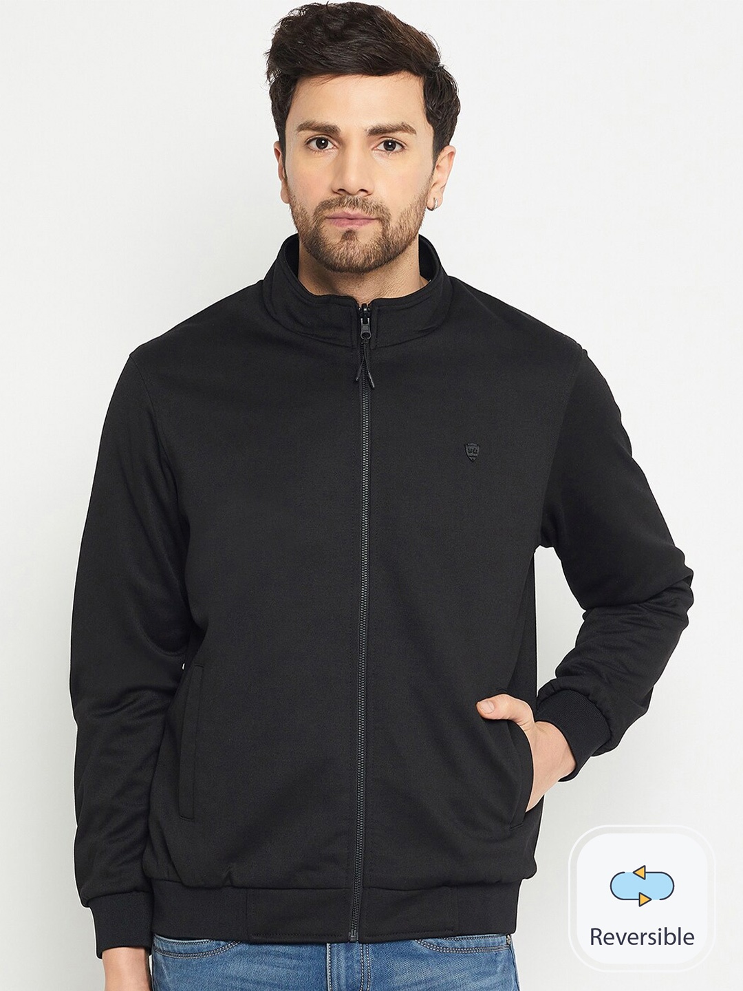 

Okane Mock Collar Reversible Bomber Jacket, Black