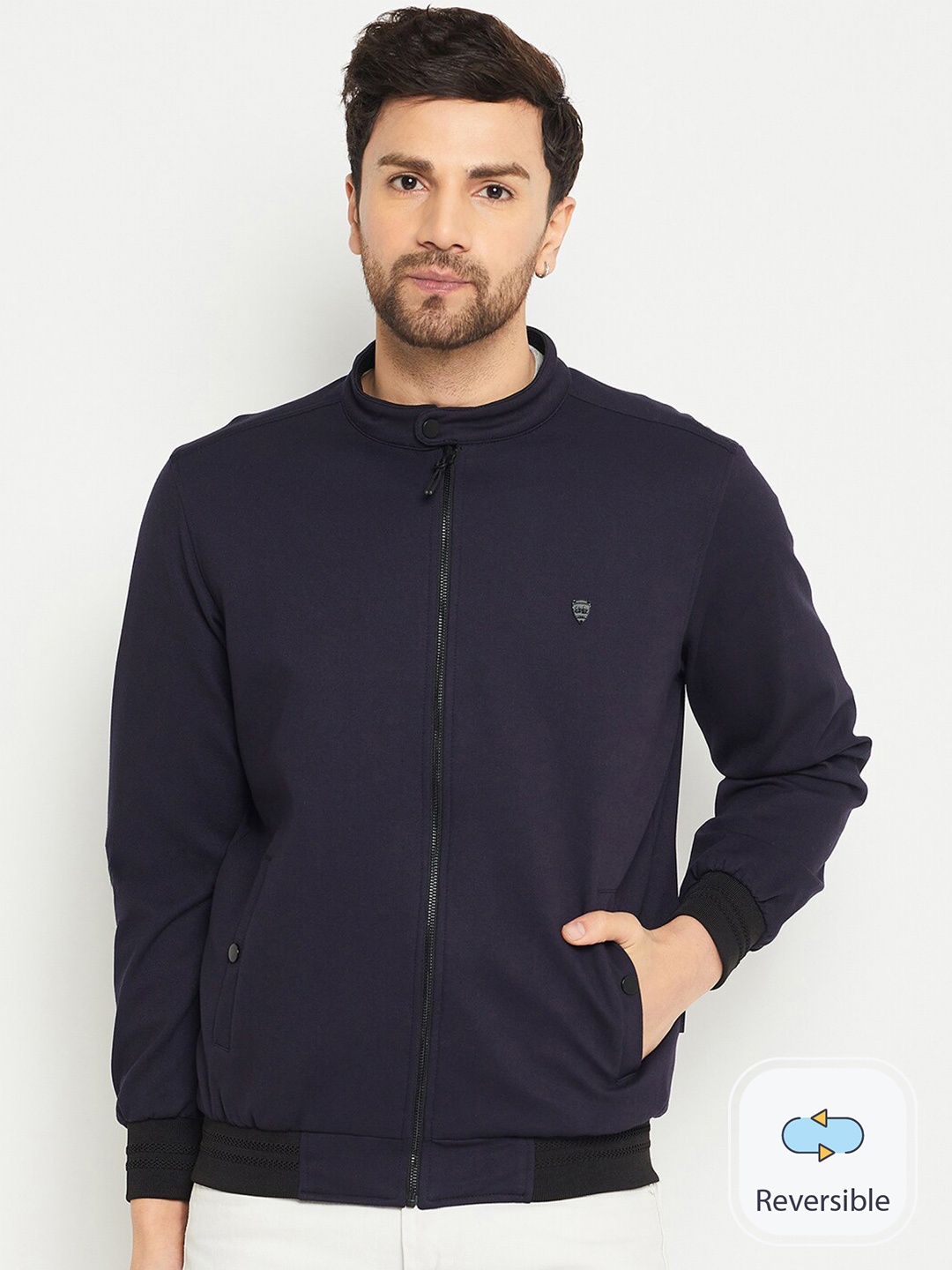 

Okane Stand Collar Reversible Bomber Jacket, Navy blue