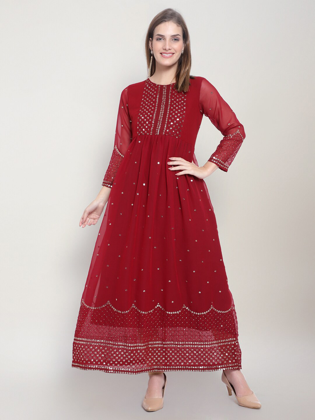 

Goti's Embellished Sequinned A-Line Maxi Ethnic Dress, Maroon