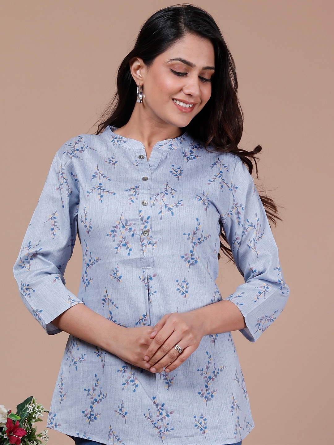 

BAESD Floral Printed Mandarin Collar Cotton Shirt Style Top, Blue