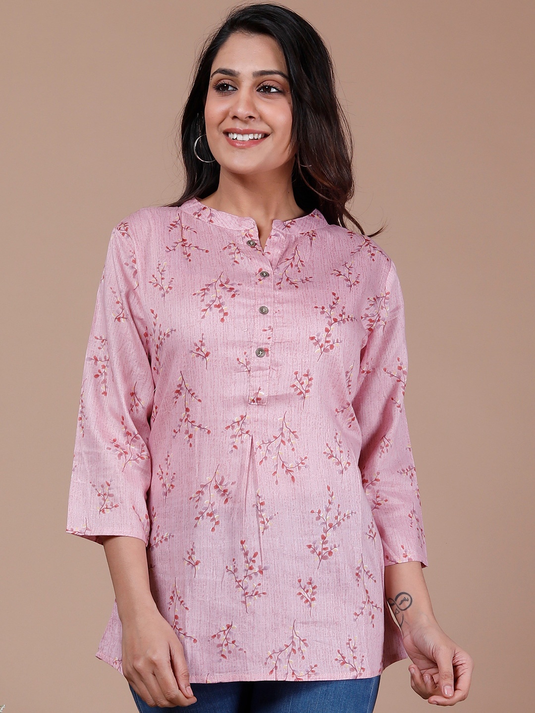 

BAESD Floral Printed Mandarin Collar Cotton Shirt Style Top, Pink