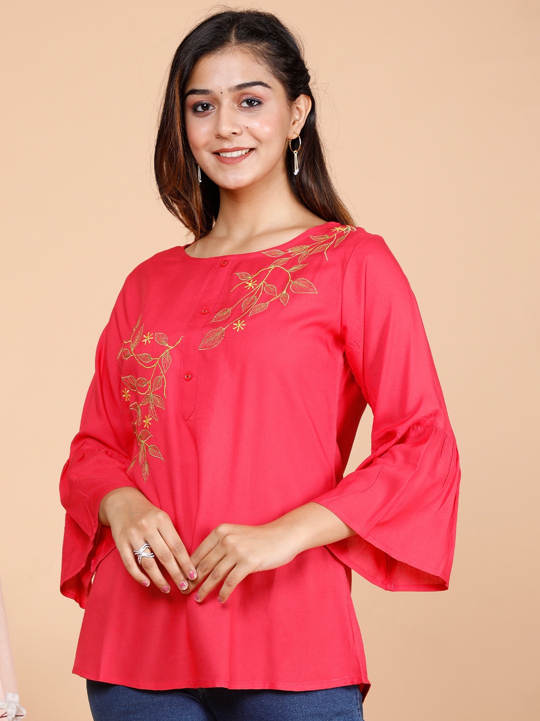 

BAESD Floral Embroidered Bell Sleeve Empire Top, Pink