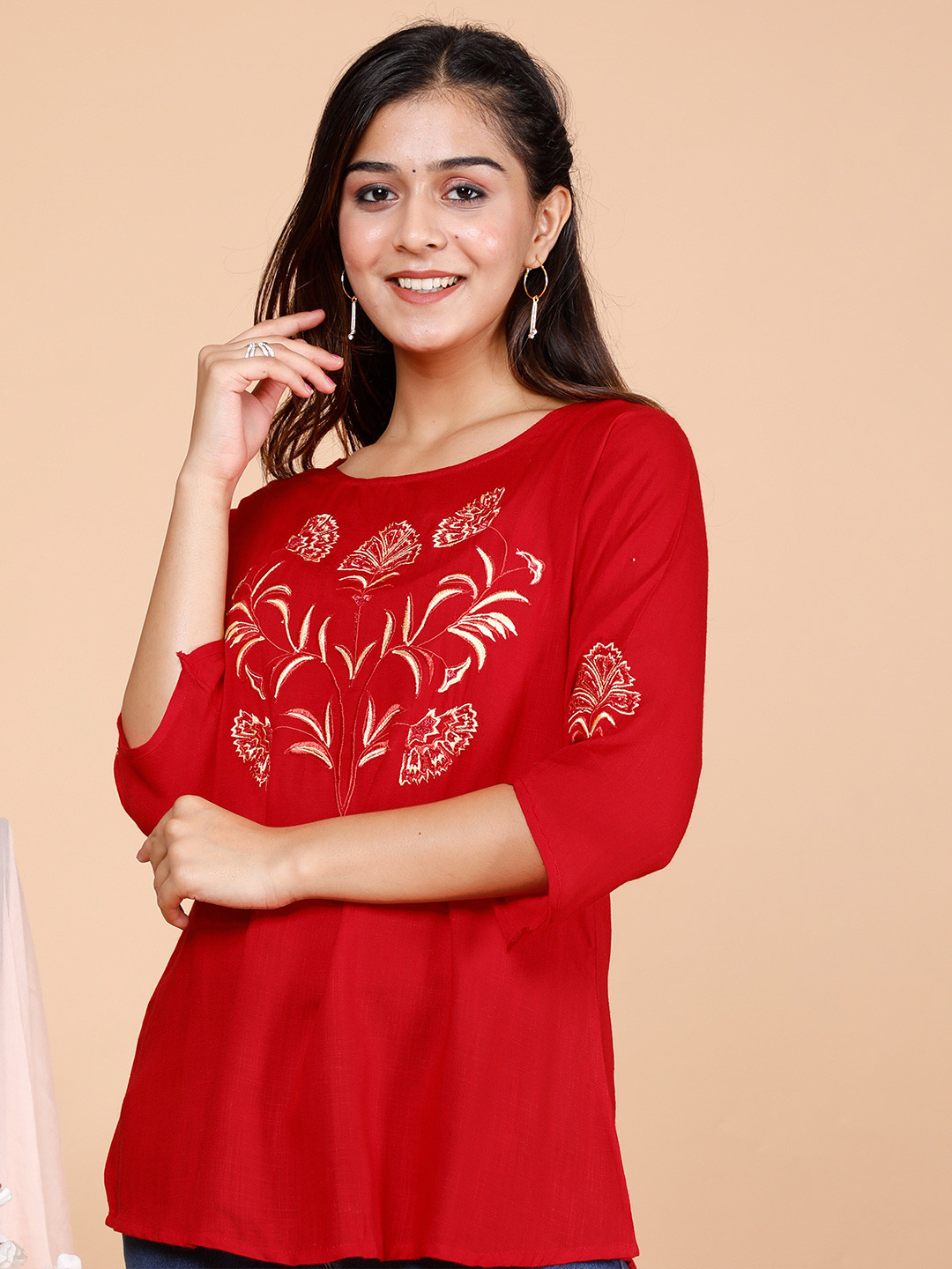 

BAESD Embroidered Regular Round Neck Three-Quarter Sleeves Top, Red