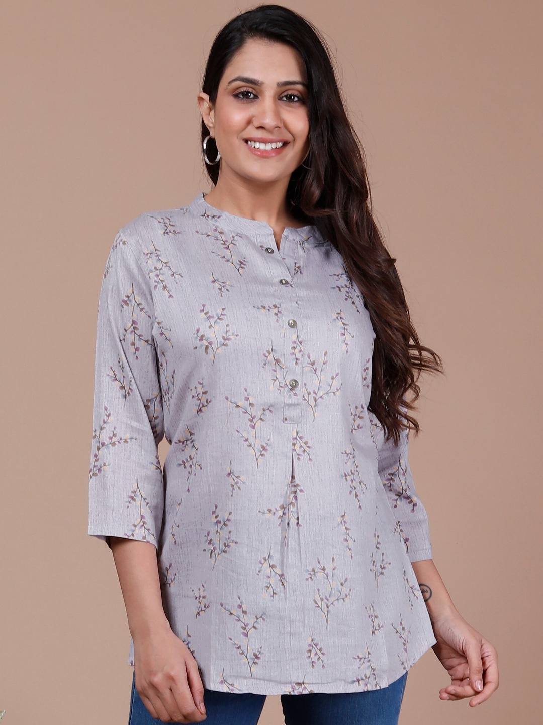 

BAESD Grey Floral Printed Mandarin Collar Three-Quarter Sleeves Cotton Top