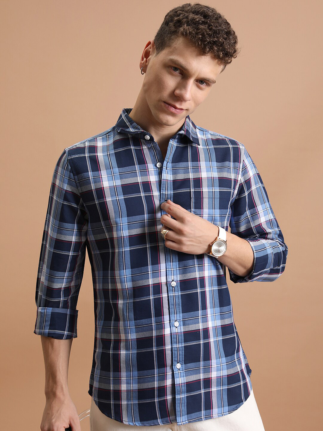

HIGHLANDER Slim Fit Checked Cotton Casual Shirt, Blue