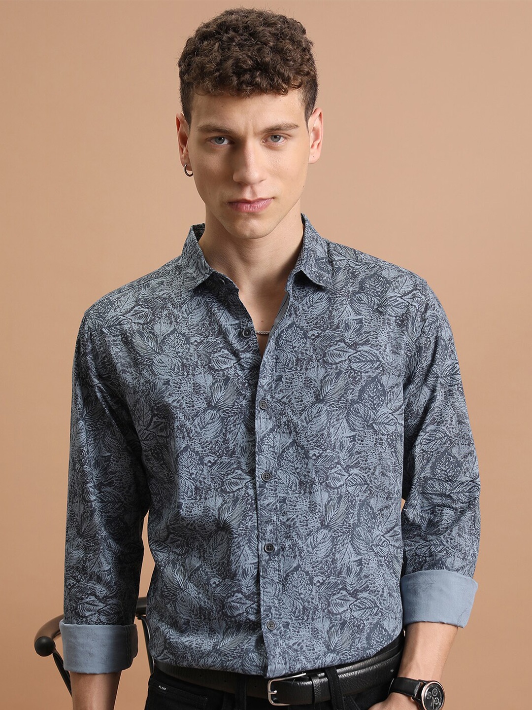 

HIGHLANDER Slim Fit All Over Floral Printed Cotton Casual Shirt, Blue