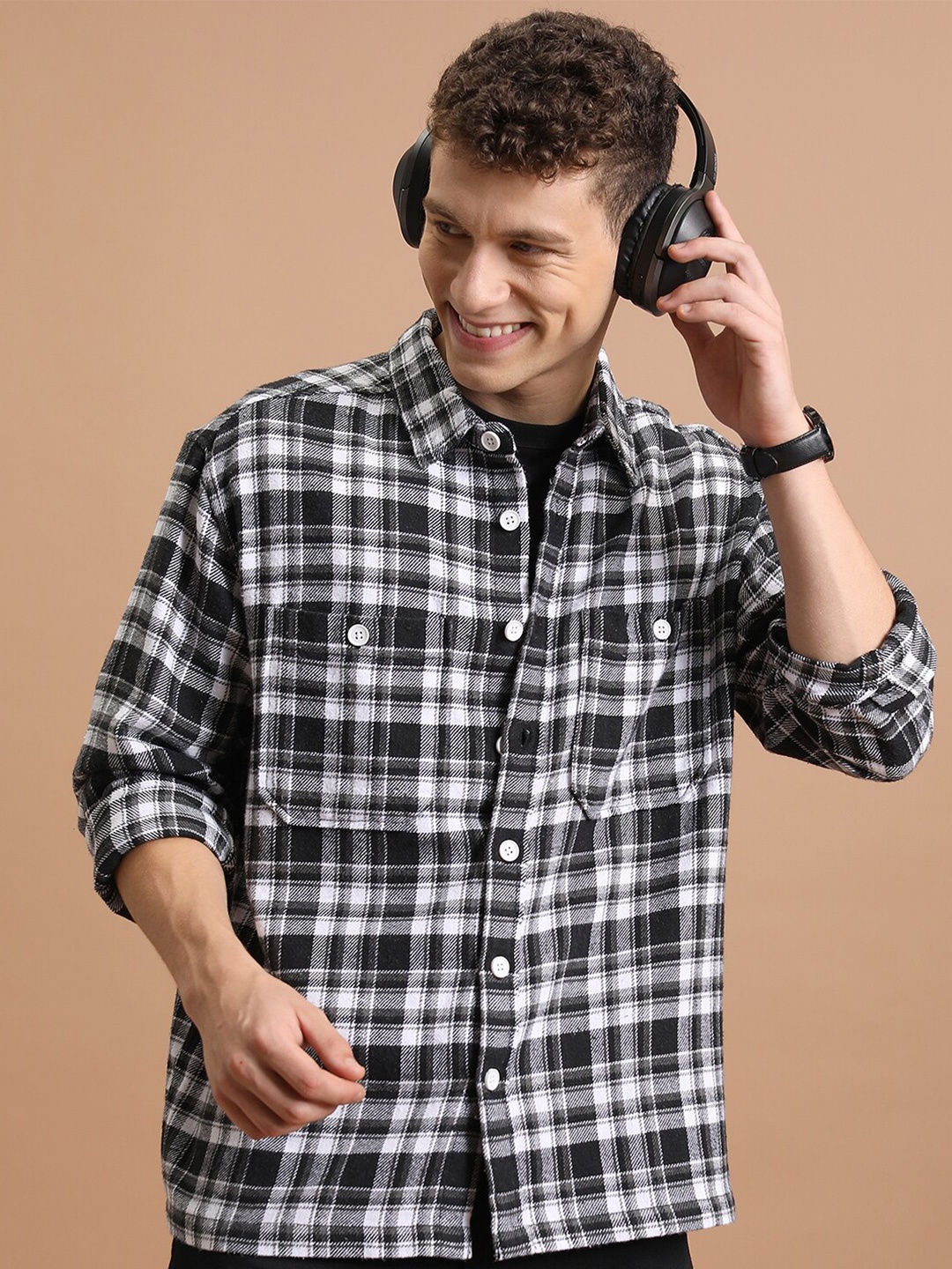 

HIGHLANDER Tartan Checked Oversized Double Pocket Cotton Shacket, Black