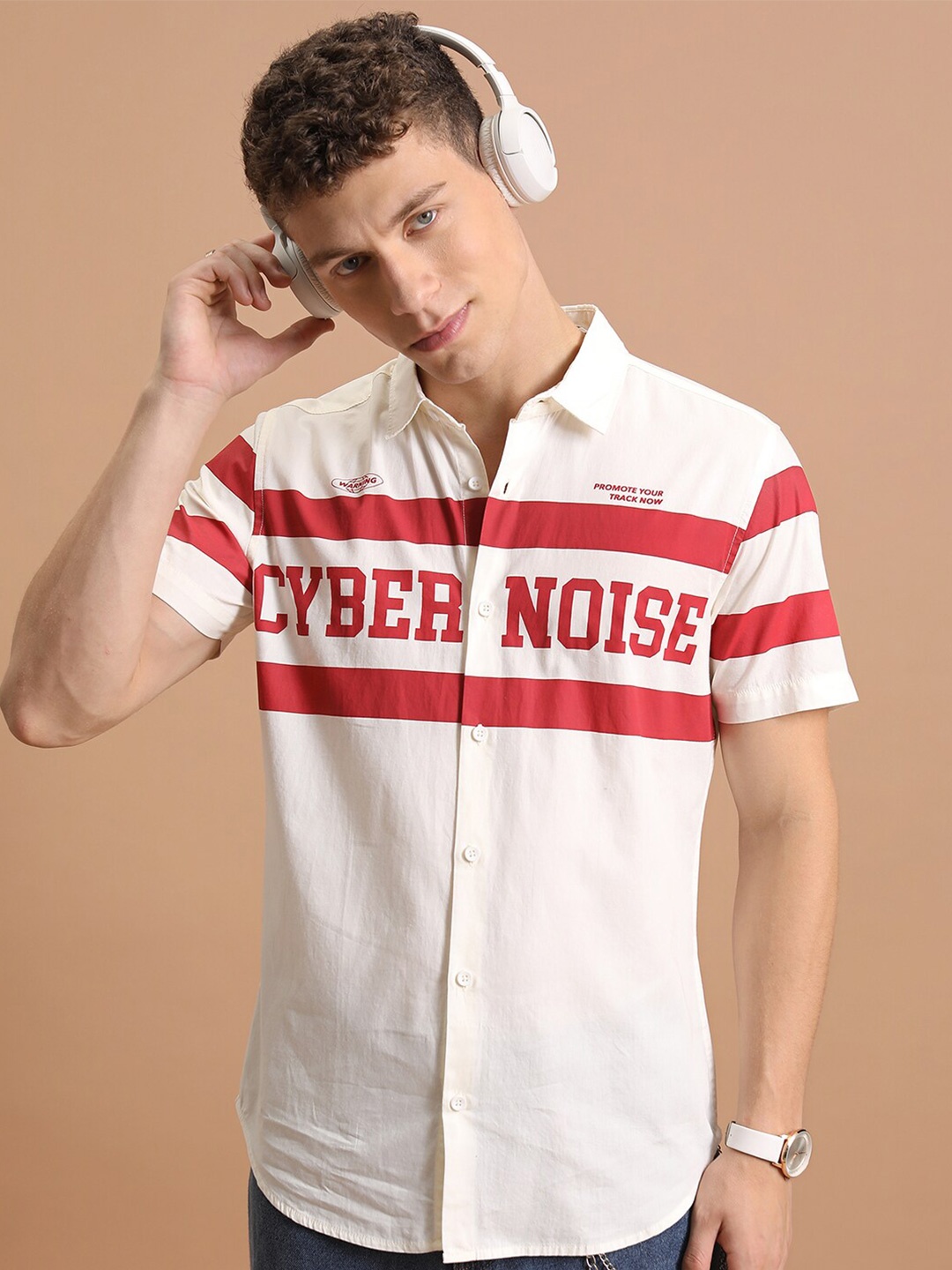 

HIGHLANDER Slim Fit Opaque Short Sleeves Cotton Casual Shirt, Cream