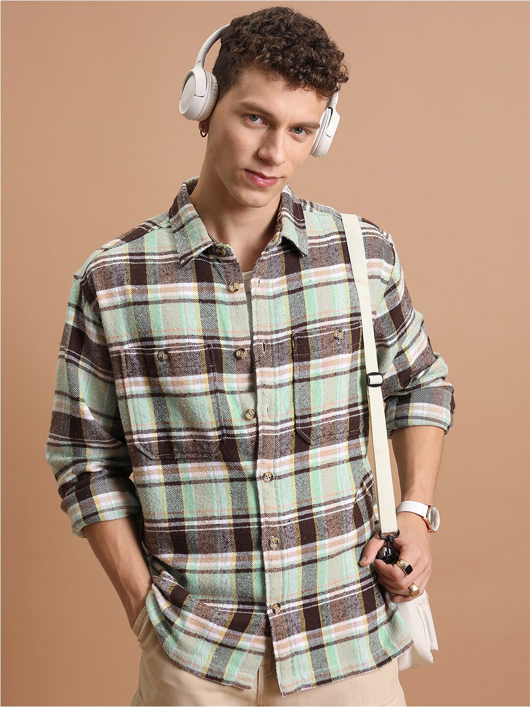 

HIGHLANDER Oversized Double Pocket Flannel Checked Over shirt, Beige