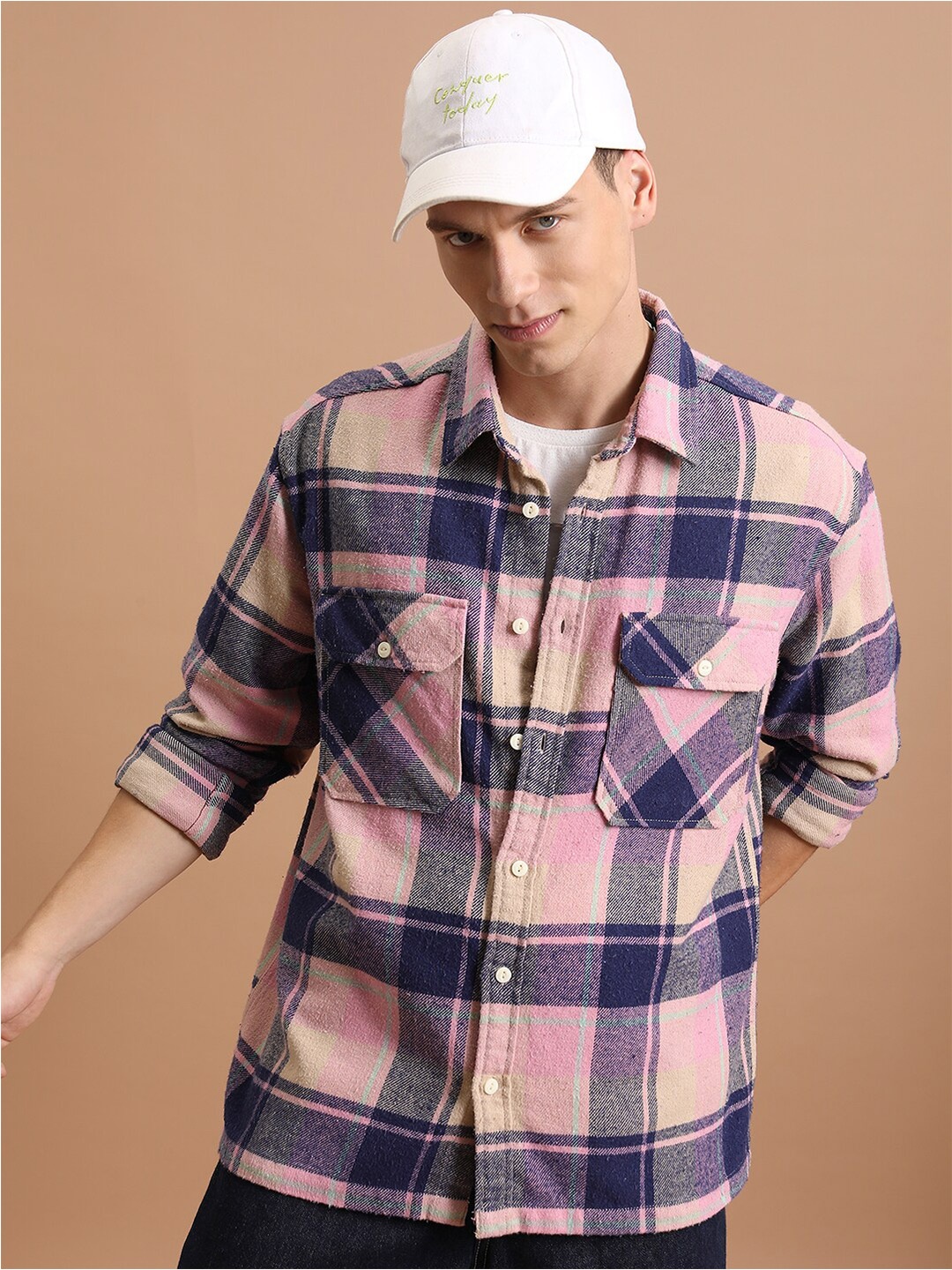 

HIGHLANDER Oversized Tartan Checked Double Flap Pockets Flannel Over Shirt, Pink