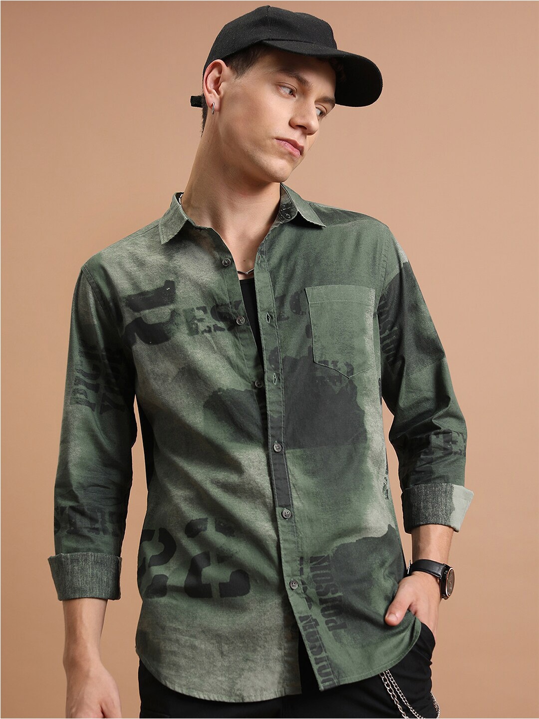

HIGHLANDER Olive Green Typography Printed Slim Fit Cotton Casual Shirt