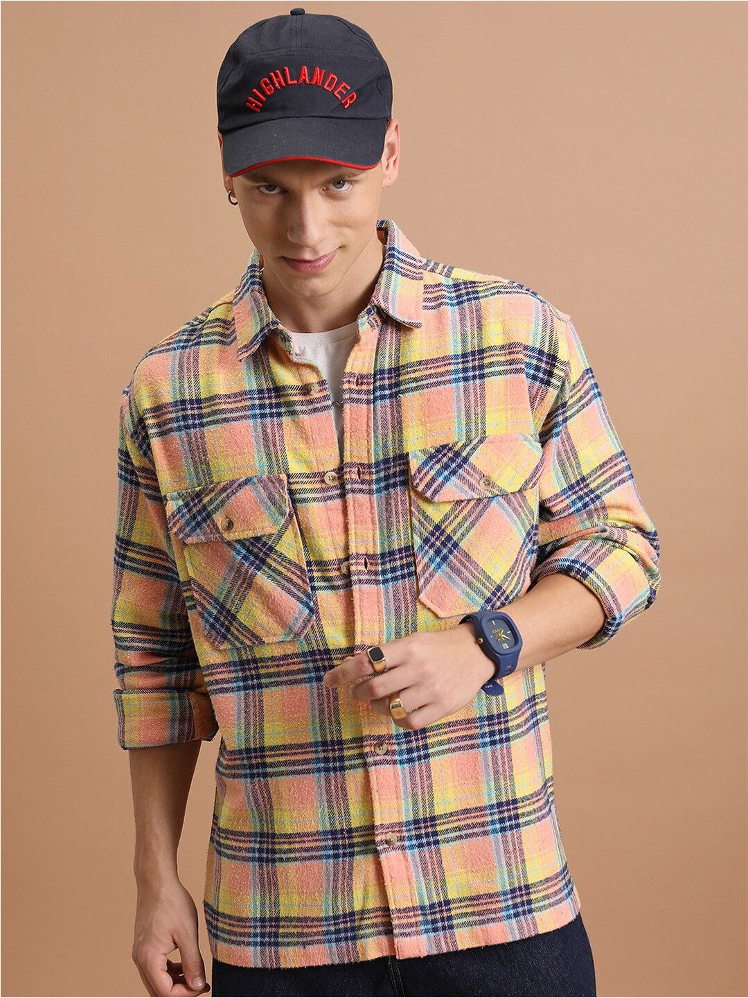 

HIGHLANDER Tartan Checked Casual Oversized Flannel Shirt, Yellow