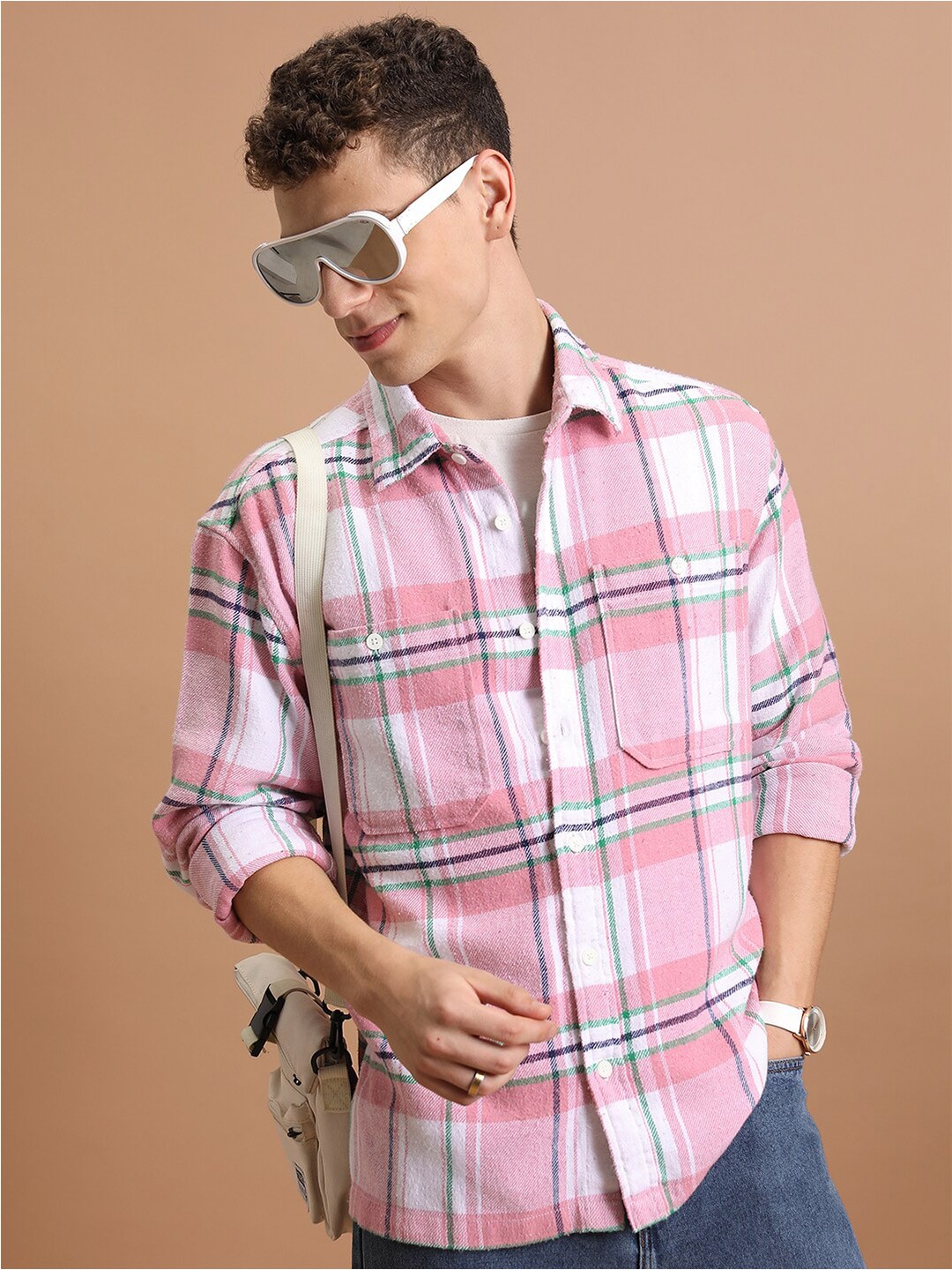 

HIGHLANDER Tartan Checked Oversized Double Pocket Flannel shirt, Pink