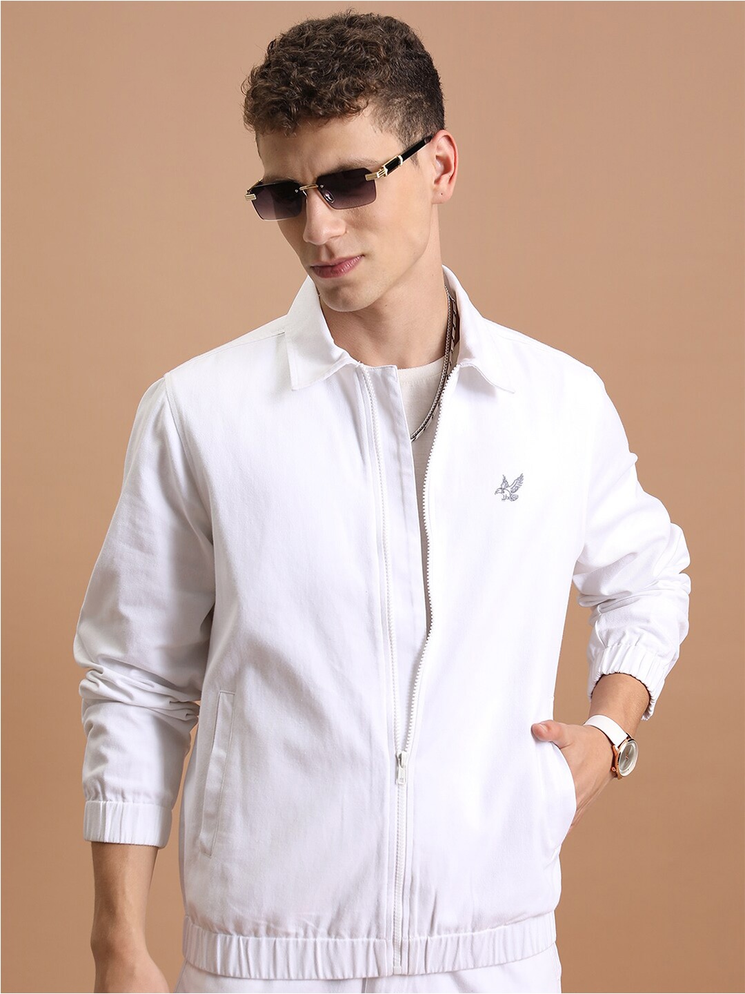 

HIGHLANDER White Spread Collar Bomber Jacket