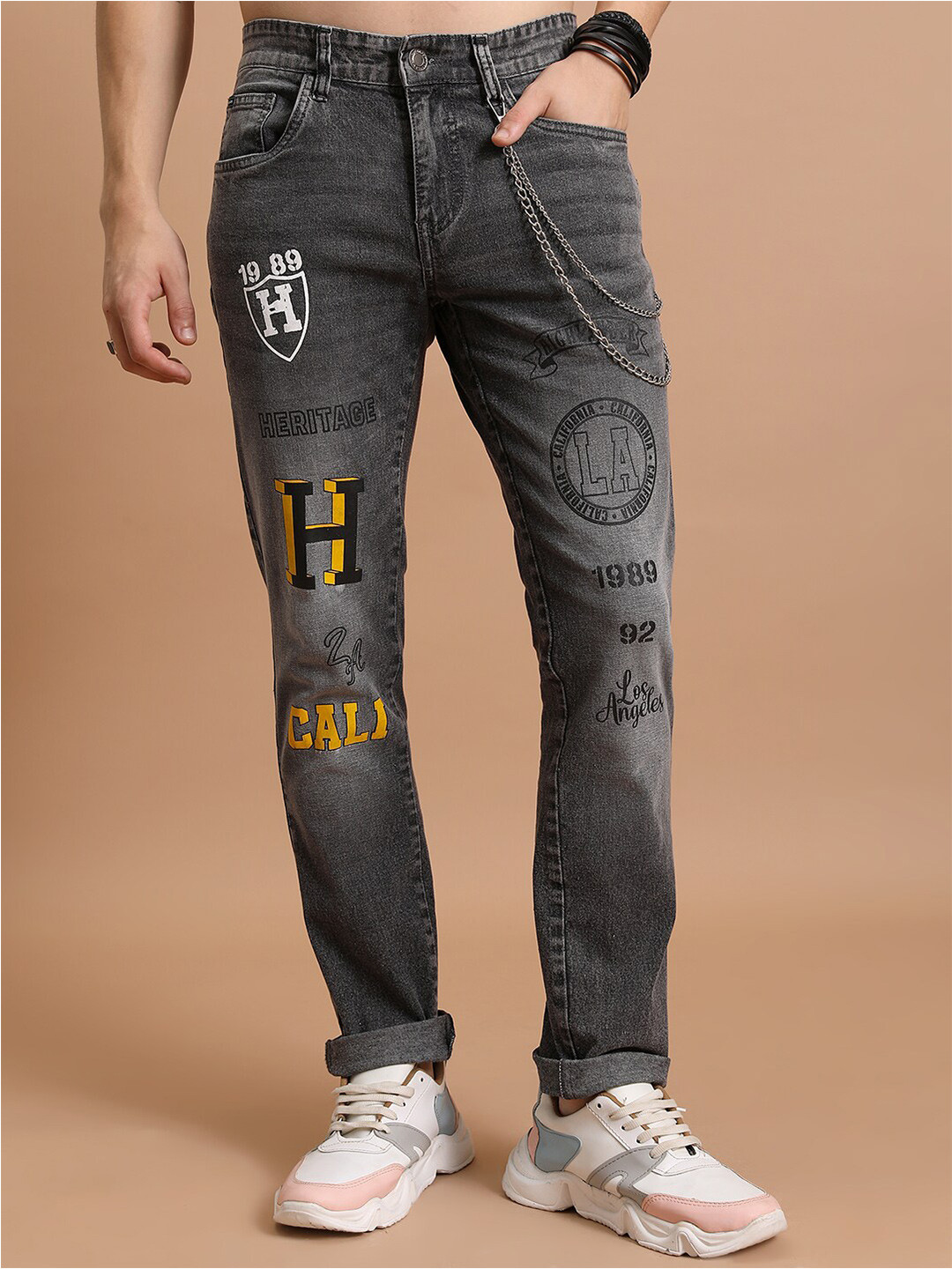 

HIGHLANDER Men Slim Fit Light Fade Printed Stretchable Jeans, Grey