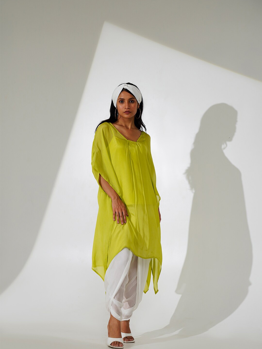 

indy Raaga Beads and Stones Square Neck High-Low Hem Empire Chiffon Straight Kurta, Fluorescent green