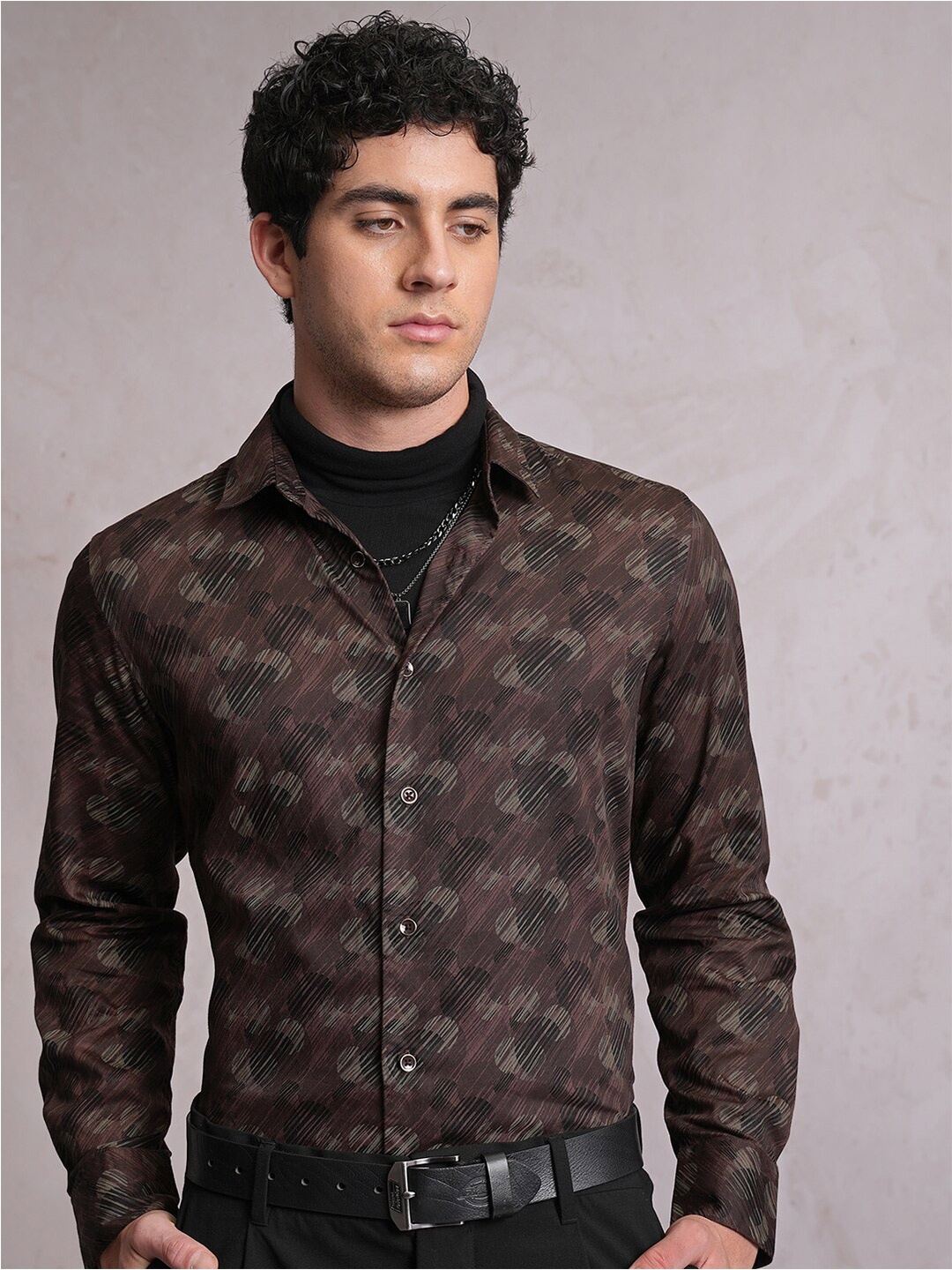 

LOCOMOTIVE Luxe Satin Printed Party Shirt, Brown