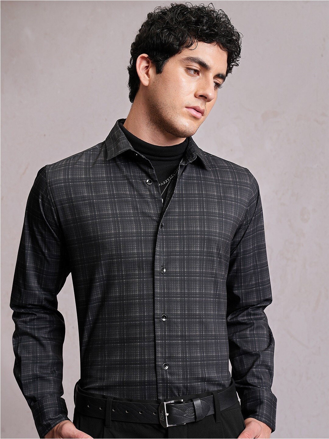 

LOCOMOTIVE Luxe Satin Checked Shirt, Black