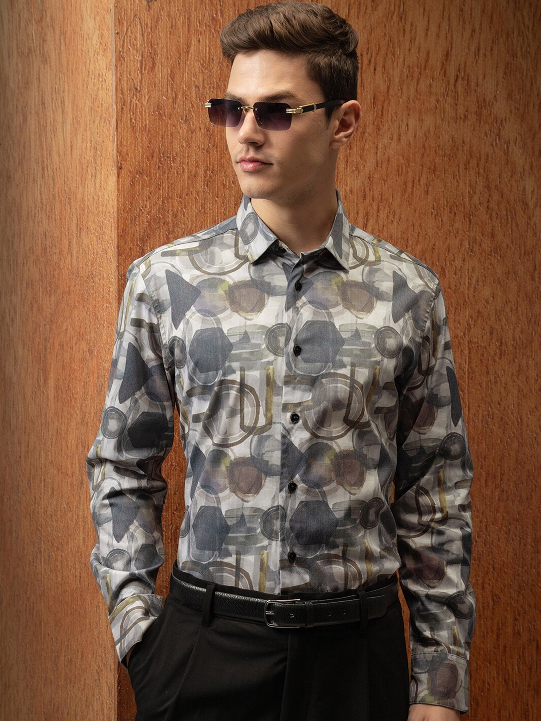 

LOCOMOTIVE Satin Abstract Printed Party Shirt, Olive