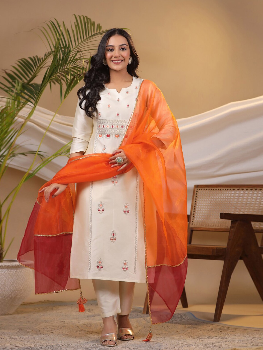 

KALINI Notch Neck Ethnic Print Gotta Patti Straight Kurta with Trousers & Dupatta, Cream