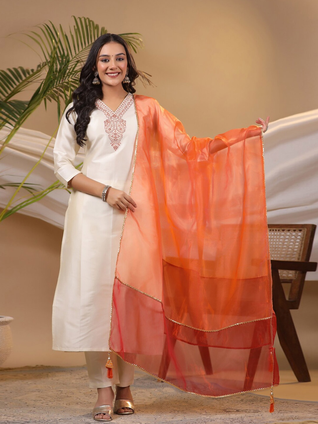 

KALINI Paisley Embroidered V-Neck kurta With Pant & Dupatta, Cream