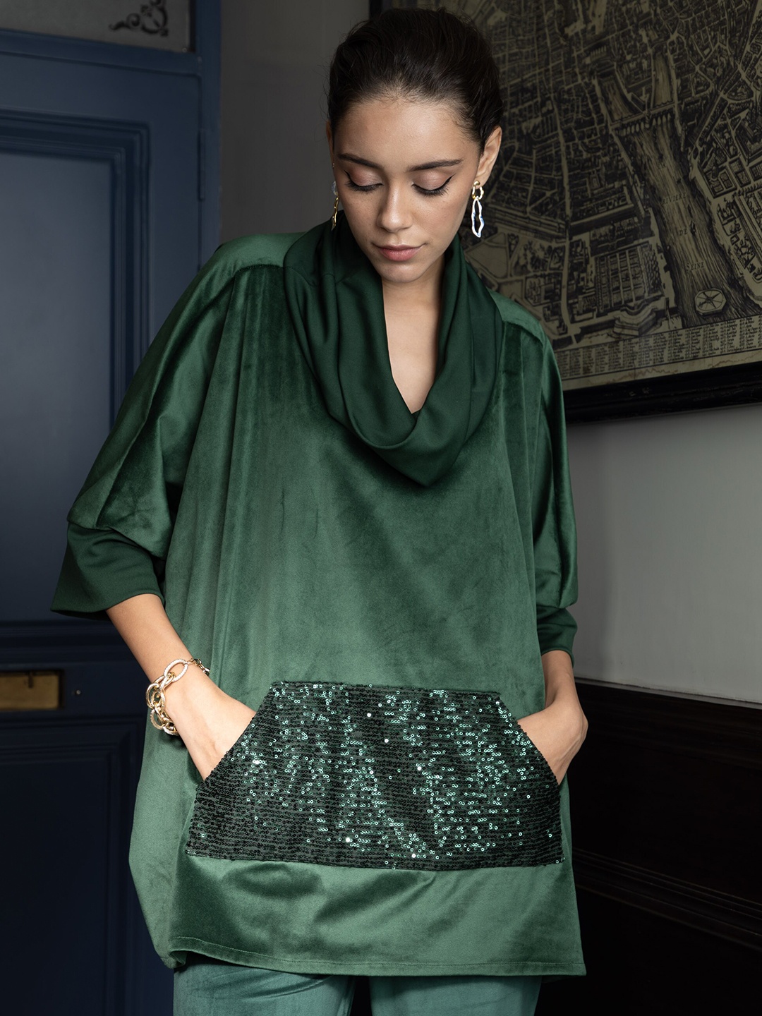 

Rhe-Ana Embellished Cowl Neck Top With Trousers, Green