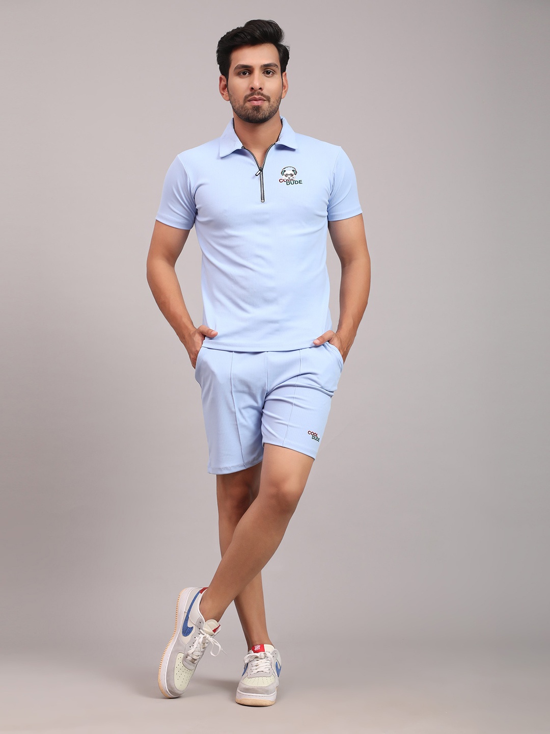 

DANZA-SON Ribbed Polo Collar Tracksuits, Blue