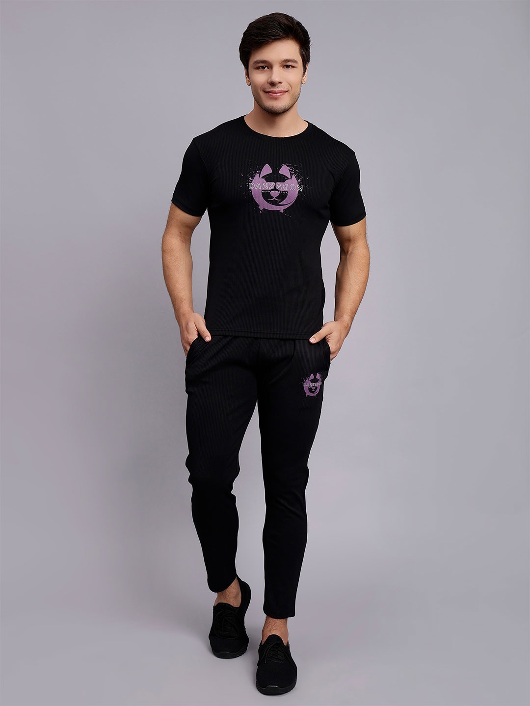 

DANZA-SON Brand Logo Printed Round Neck Sports Tracksuit, Black