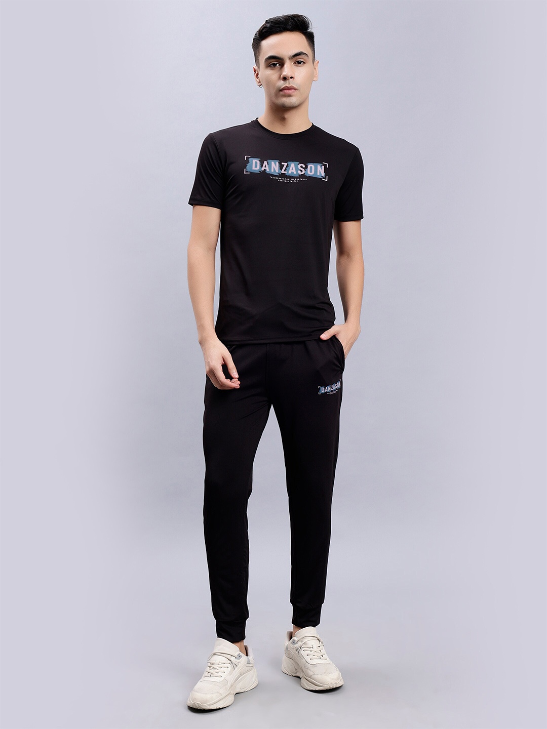 

DANZA-SON Typography Printed Round Neck Tracksuit, Black