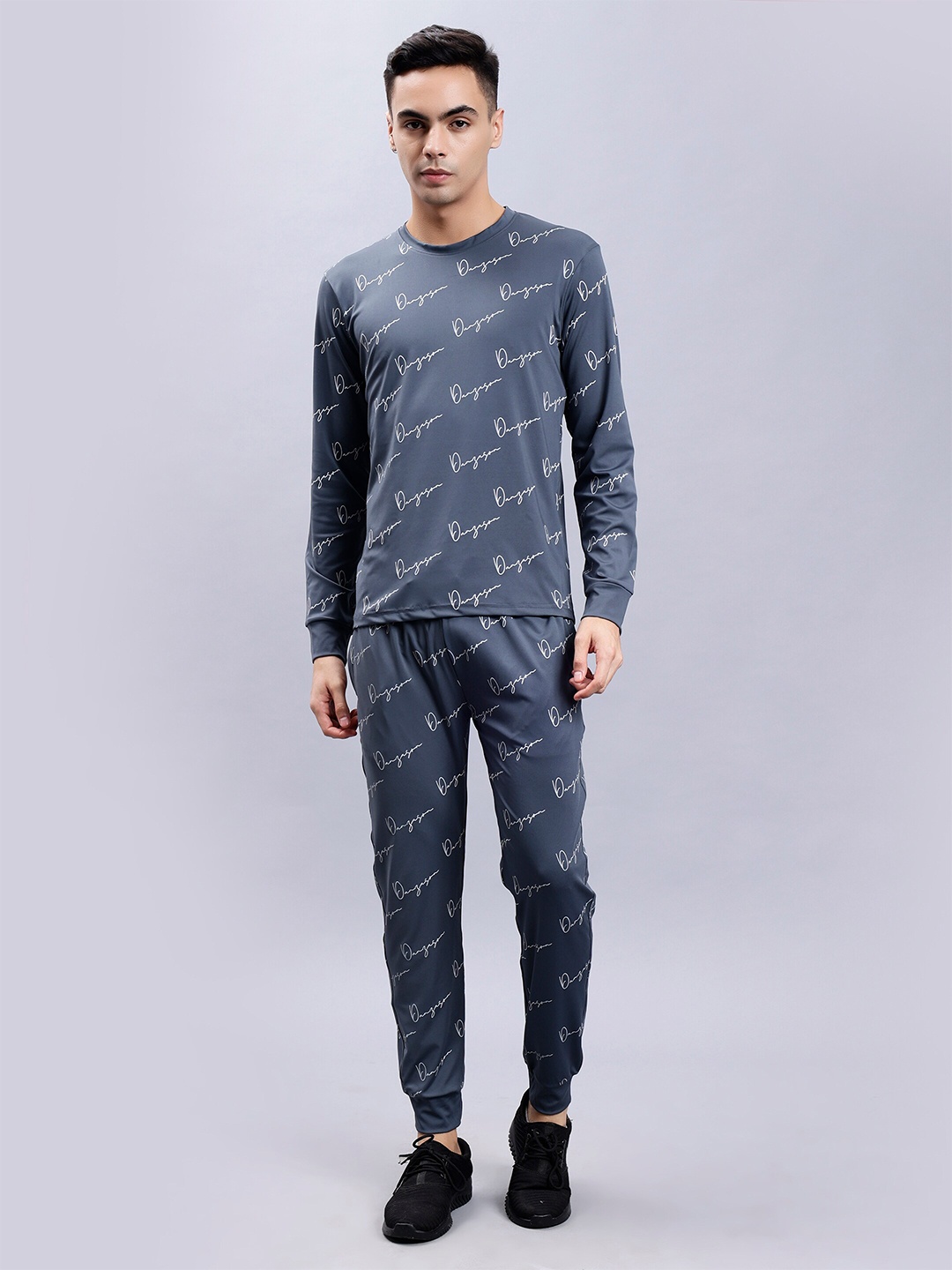 

DANZA-SON Typography Printed Round Neck Tracksuit, Grey