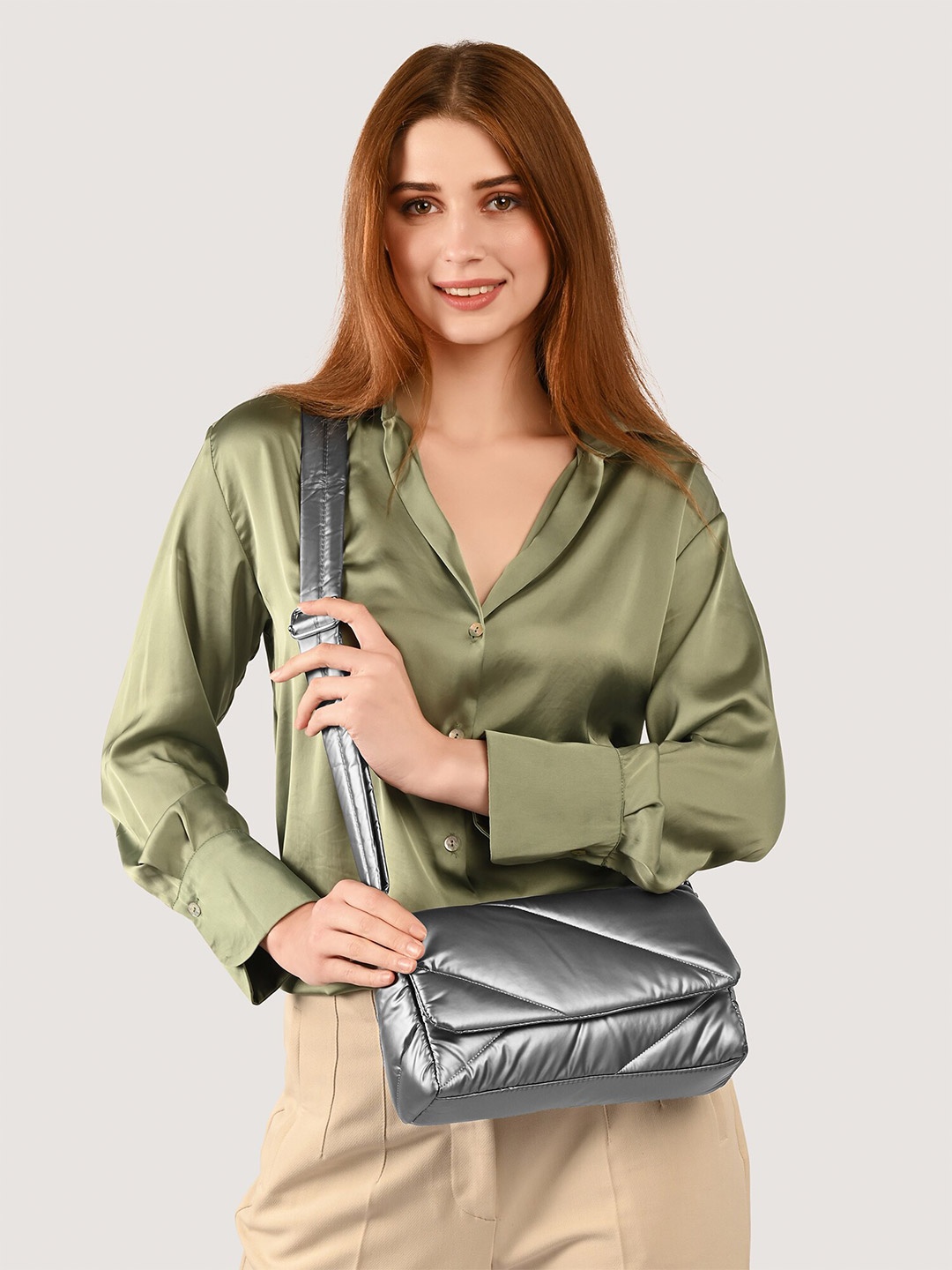 

Accessorize Solid Quilted Sling Bag, Silver