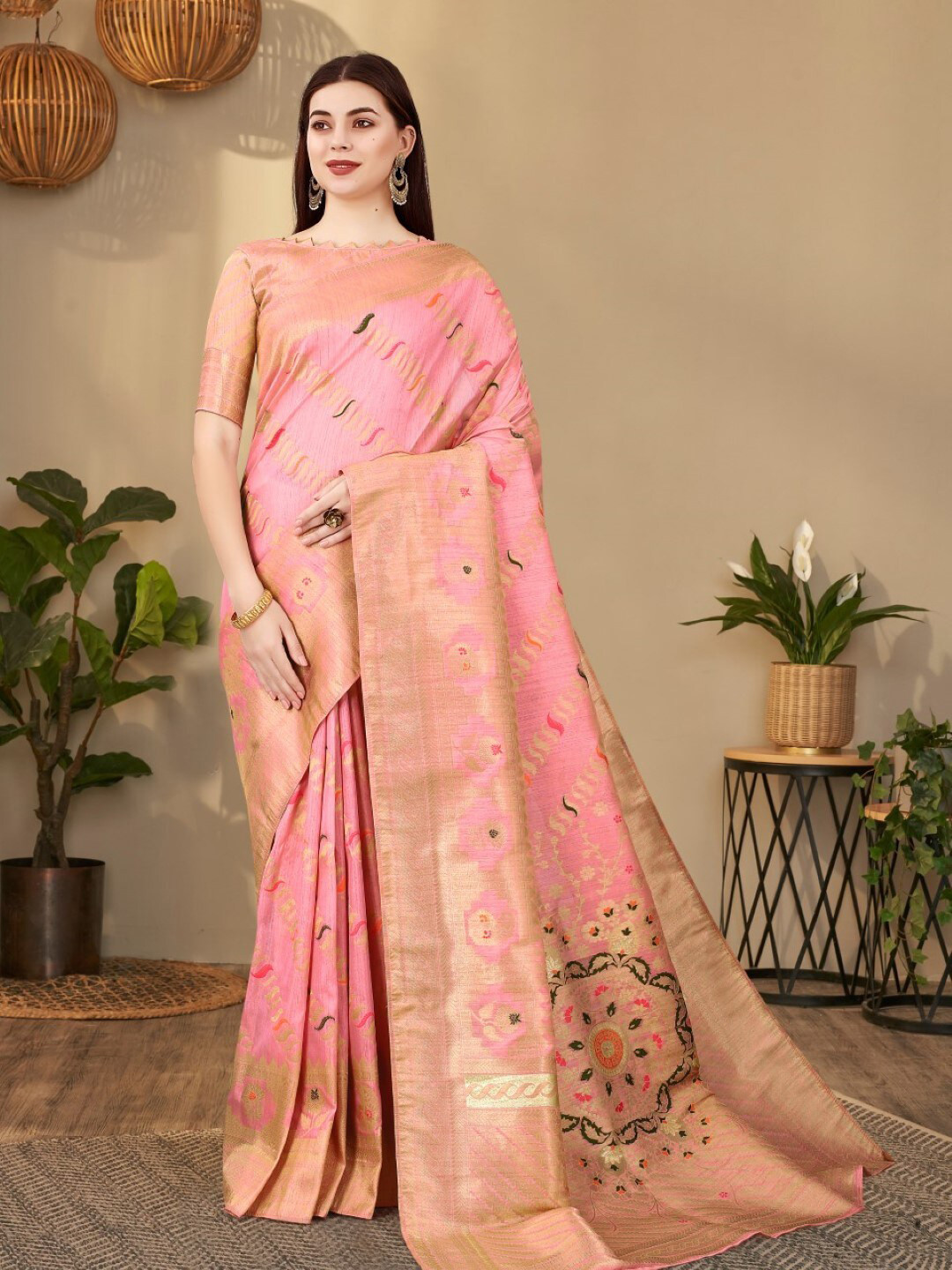 

Amoha Silk Woven Design Floral Zari Pure Silk Tussar Saree, Pink