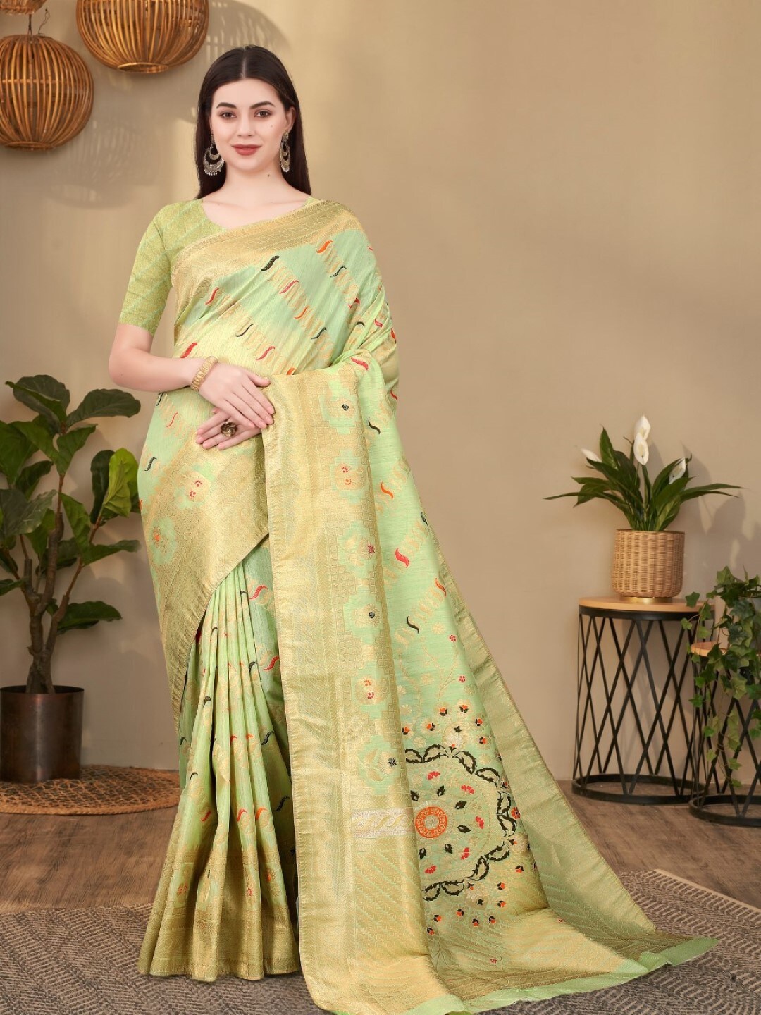 

Amoha Silk Ethnic Motifs Printed Woven Design Zari Pure Silk Tussar Saree, Green