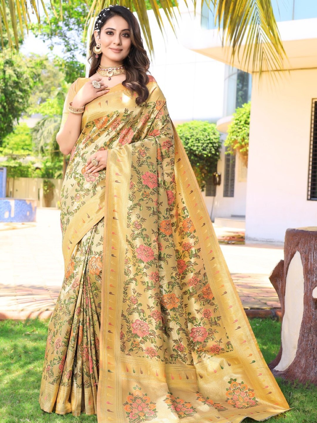 

Amoha Silk Floral Woven Design Zari Pure Silk Banarasi Saree, Yellow