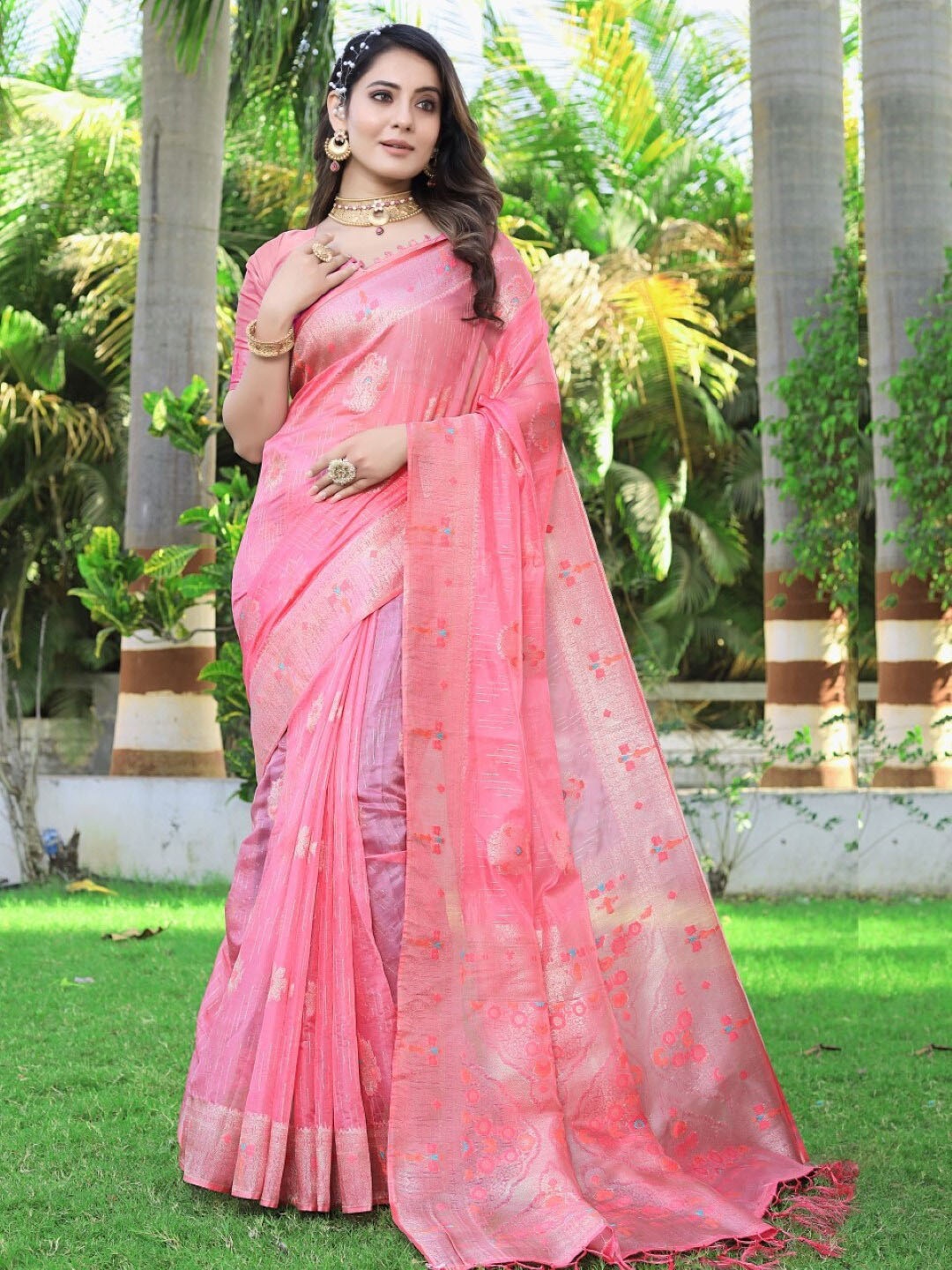 

Amoha Silk Woven Design Ethnic Motifs Zari Pure Silk Tussar Saree, Pink