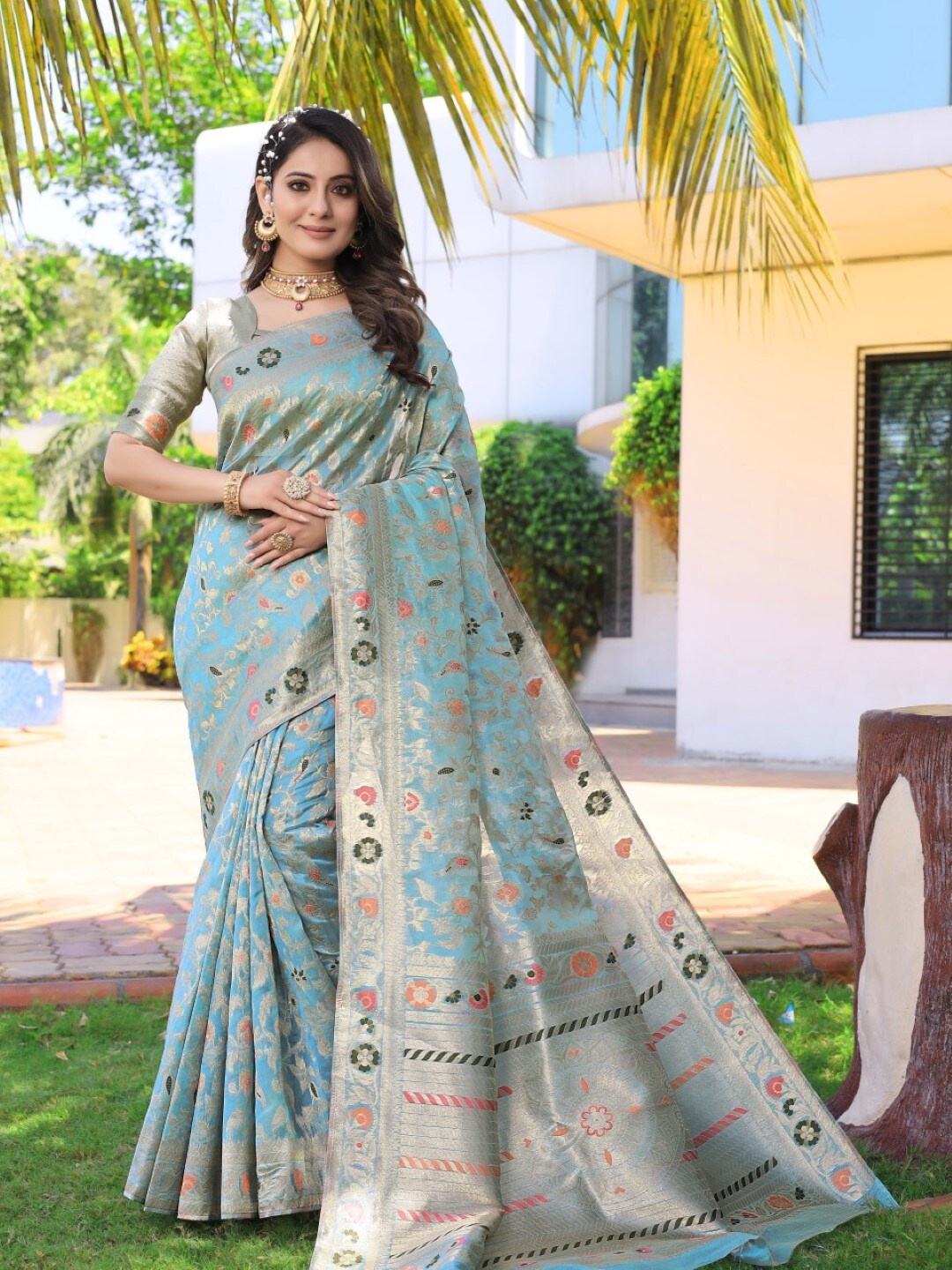 

Amoha Silk Floral Woven Design Zari Pure Silk Tussar Saree, Blue