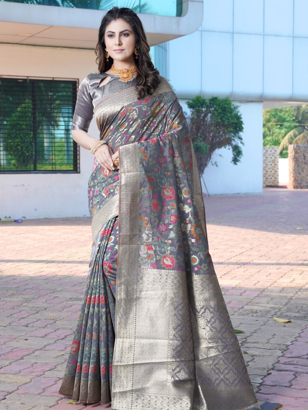 

Amoha Silk Ethnic Motifs Printed Woven Design Zari Pure Silk Tussar Saree, Grey