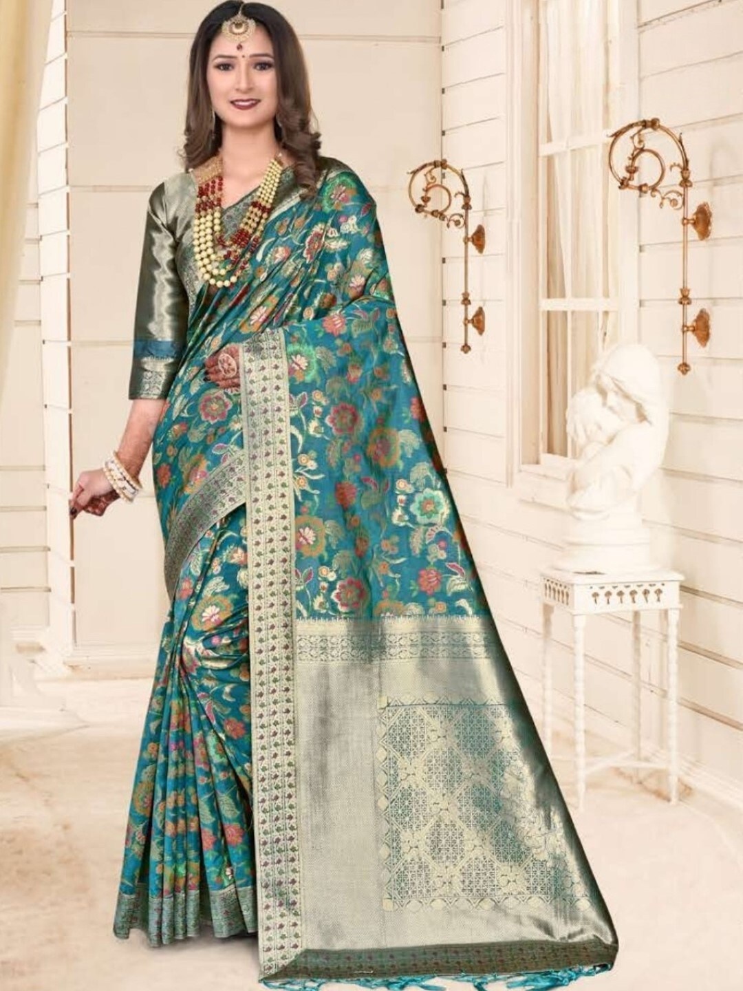 

Amoha Silk Kalamkari Printed Woven Design Zari Pure Silk Tussar Saree, Teal