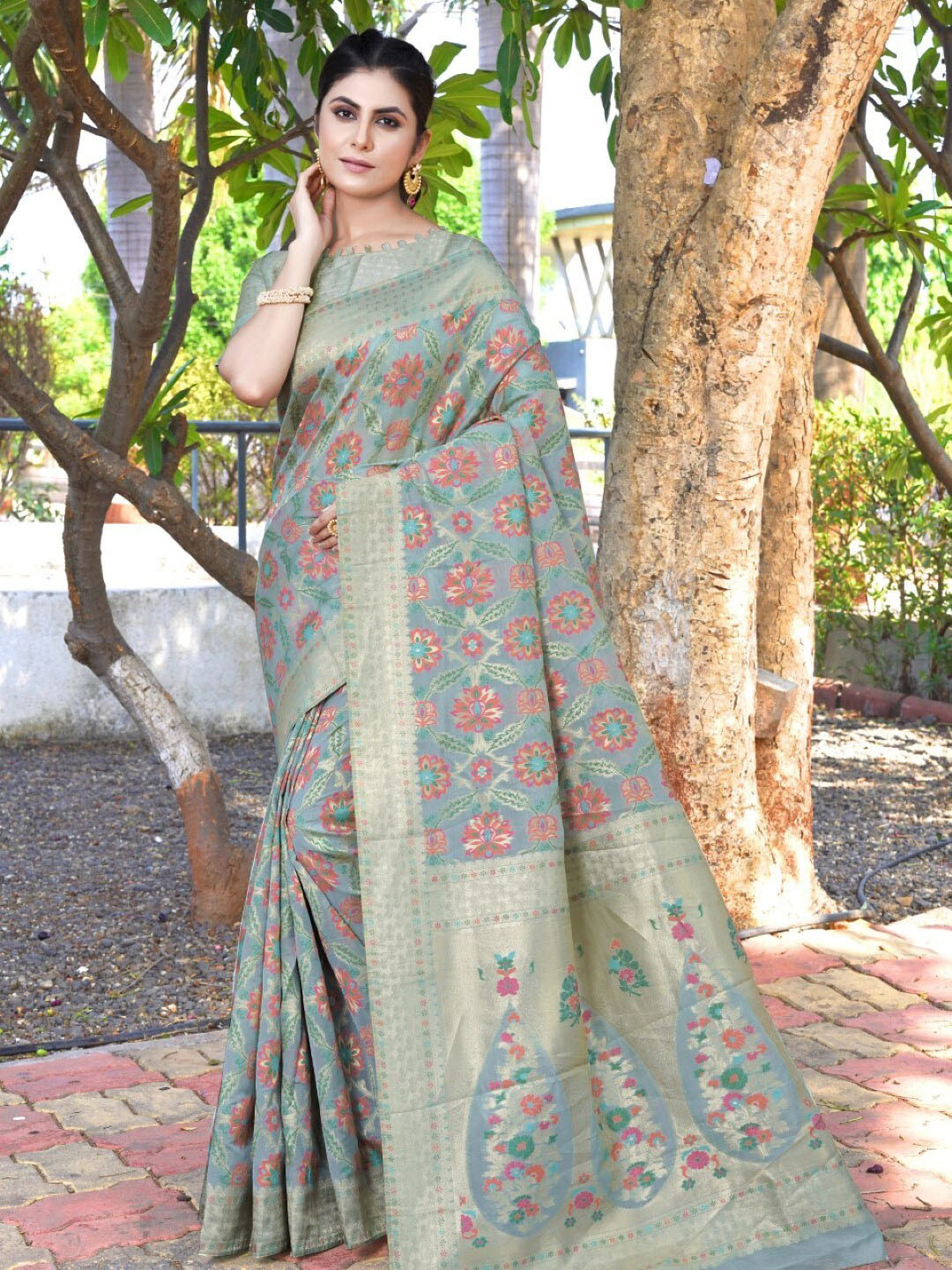 

Amoha Silk Floral Printed Woven Design Zari Pure Silk Tussar Saree, Red
