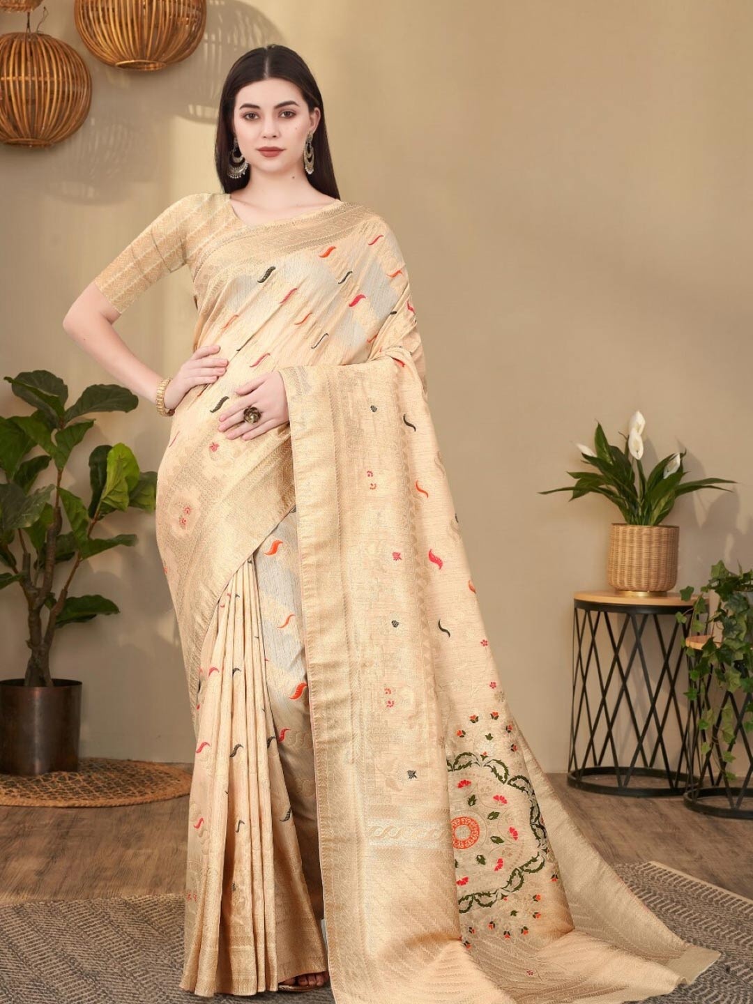

Amoha Silk Ethnic Motifs Printed Woven Design Zari Pure Silk Tussar Saree, Beige