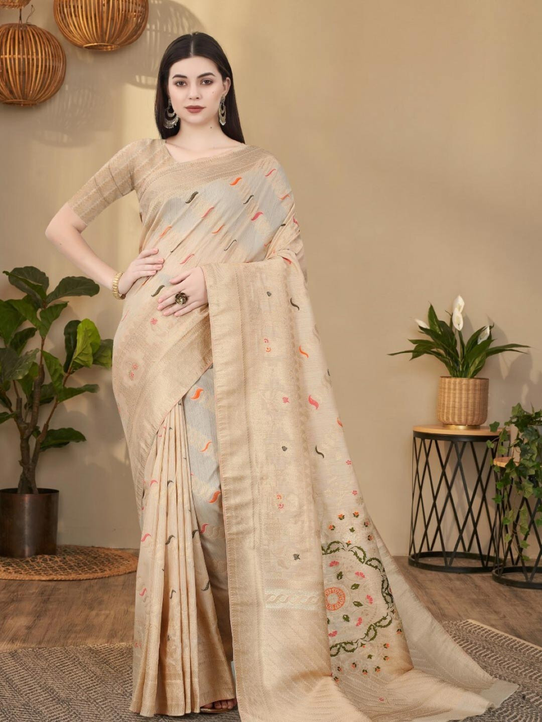 

Amoha Silk Woven Design Floral Zari Pure Silk Tussar Saree, Beige
