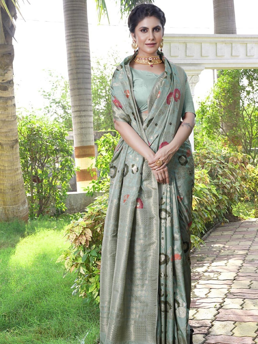 

Amoha Silk Floral Woven Design Zari Pure Silk Tussar Saree, Blue