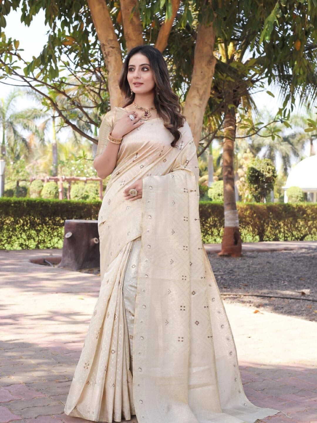 

Amoha Silk Geometric Printed Woven Design Zari Pure Silk Tussar Saree, Beige
